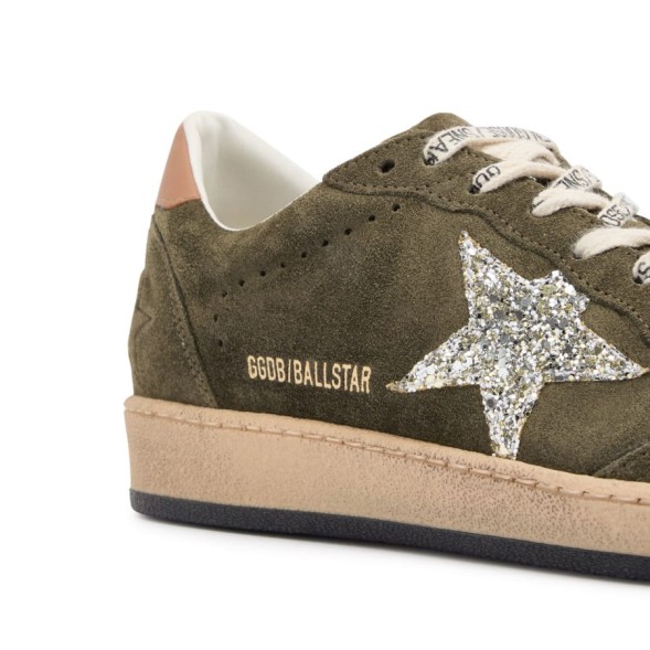Женские кеды Golden Goose Ball Star Olive Suede with Silver Glitter Star