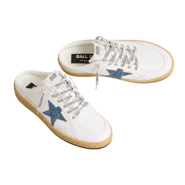 Женские сабо Golden Goose Ball Star Sabot in White Nappa with Blue Crystal Star