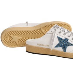 Golden Goose Ball Star Sabot in White Nappa with Blue Crystal Star