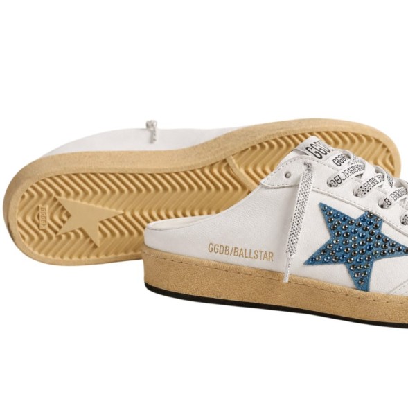 Женские сабо Golden Goose Ball Star Sabot in White Nappa with Blue Crystal Star
